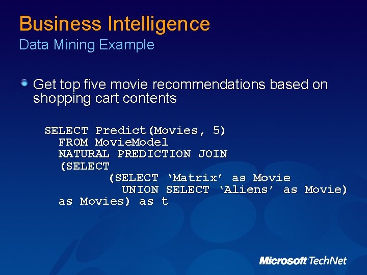 Business Intelligence Data Mining Example Get top five movie recommendations based on shopping cart Business Intelligence Data Mining Example Get top five movie recommendations based on shopping cart