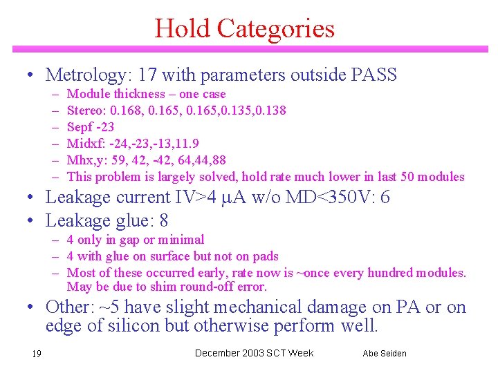Hold Categories • Metrology: 17 with parameters outside PASS – – – Module thickness