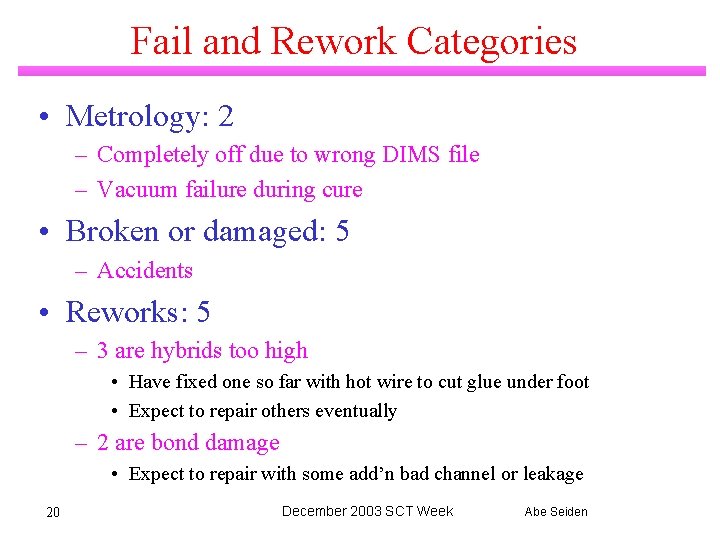 Fail and Rework Categories • Metrology: 2 – Completely off due to wrong DIMS