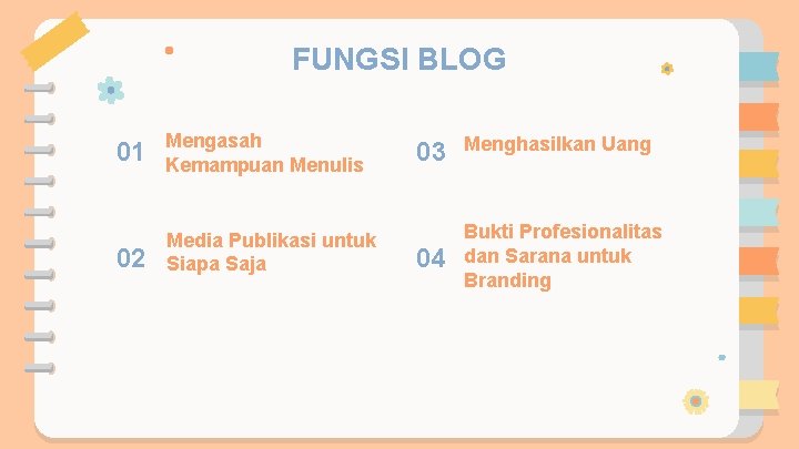 FUNGSI BLOG 01 Mengasah Kemampuan Menulis 02 Media Publikasi untuk Siapa Saja 03 Menghasilkan