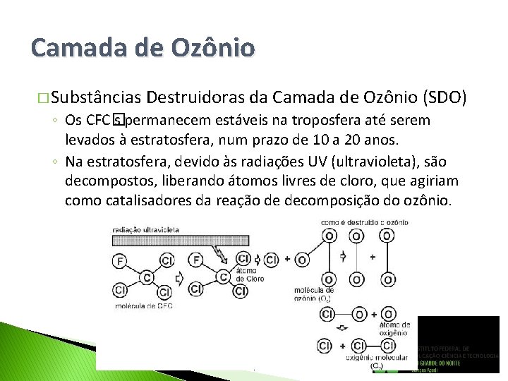 Camada de Ozônio � Substâncias Destruidoras da Camada de Ozônio (SDO) ◦ Os CFC�