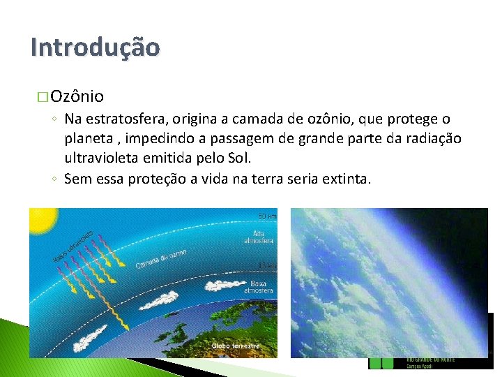 Introdução � Ozônio ◦ Na estratosfera, origina a camada de ozônio, que protege o