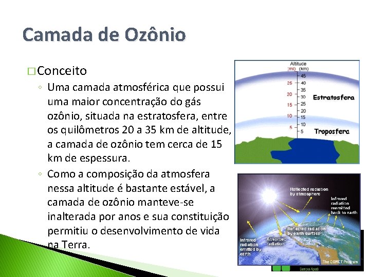 Camada de Ozônio � Conceito ◦ Uma camada atmosférica que possui uma maior concentração