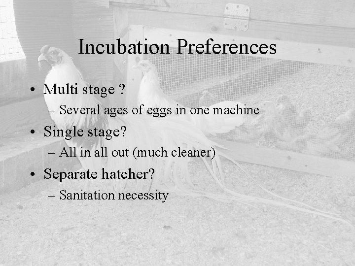 Incubation Preferences • Multi stage ? – Several ages of eggs in one machine