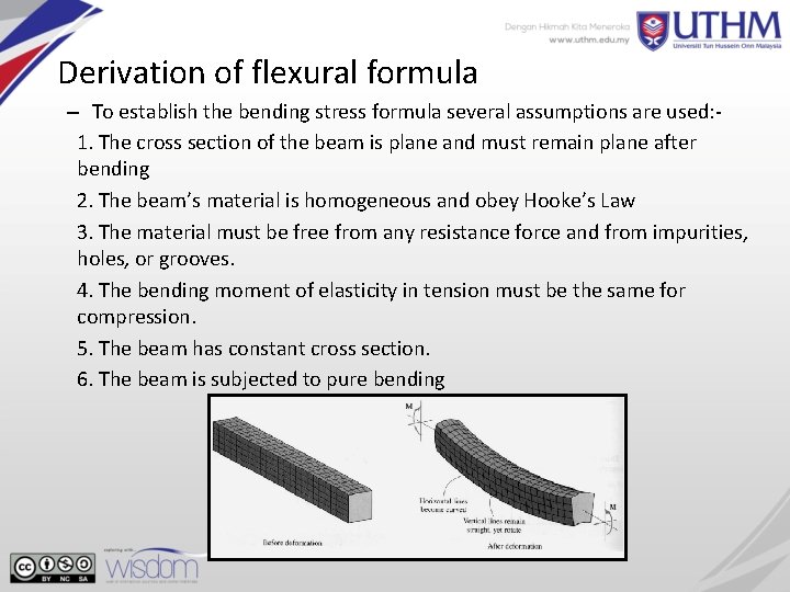 Derivation of flexural formula – To establish the bending stress formula several assumptions are