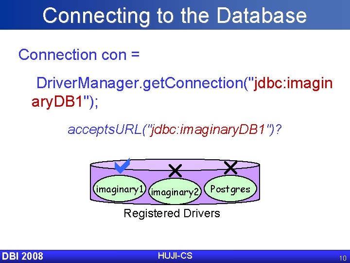 Connecting to the Database Connection con = Driver. Manager. get. Connection("jdbc: imagin ary. DB