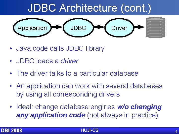 JDBC Architecture (cont. ) Application JDBC Driver • Java code calls JDBC library •