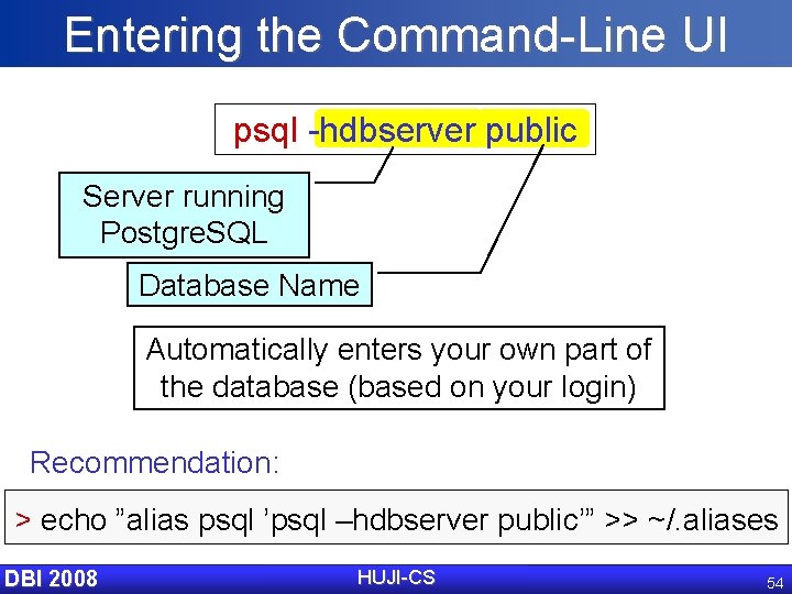 Entering the Command-Line UI psql -hdbserver public Server running Postgre. SQL Database Name Automatically