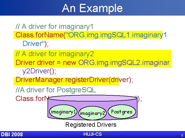 An Example // A driver for imaginary 1 Class. for. Name("ORG. img. SQL 1.