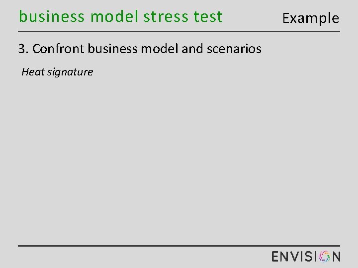 business model stress test 3. Confront business model and scenarios Heat signature Example 