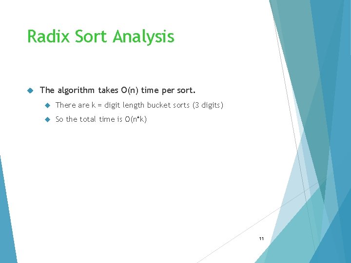 Radix Sort Analysis The algorithm takes O(n) time per sort. There are k =
