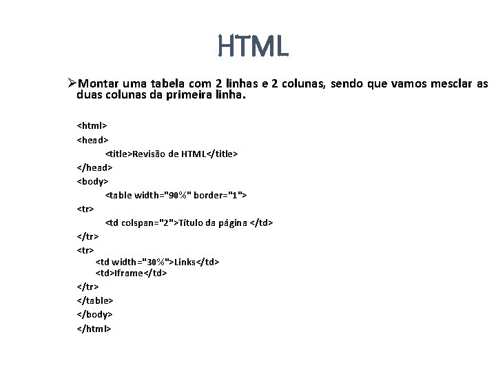 HTML ØMontar uma tabela com 2 linhas e 2 colunas, sendo que vamos mesclar