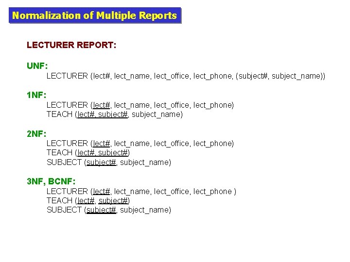 Normalization of Multiple Reports LECTURER REPORT: UNF: LECTURER (lect#, lect_name, lect_office, lect_phone, (subject#, subject_name))