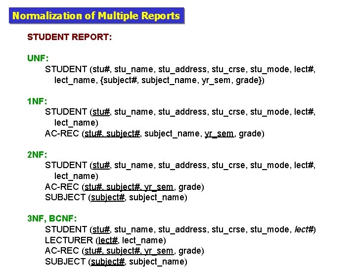 Normalization of Multiple Reports STUDENT REPORT: UNF: STUDENT (stu#, stu_name, stu_address, stu_crse, stu_mode, lect#,