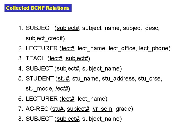 Collected BCNF Relations 1. SUBJECT (subject#, subject_name, subject_desc, subject_credit) 2. LECTURER (lect#, lect_name, lect_office,