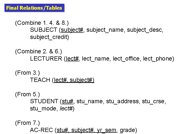 Final Relations/Tables (Combine 1. 4. & 8. ) SUBJECT (subject#, subject_name, subject_desc, subject_credit) (Combine