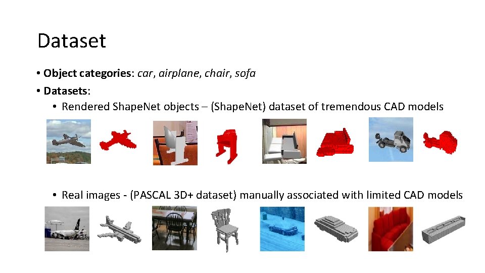 Dataset • Object categories: car, airplane, chair, sofa • Datasets: • Rendered Shape. Net