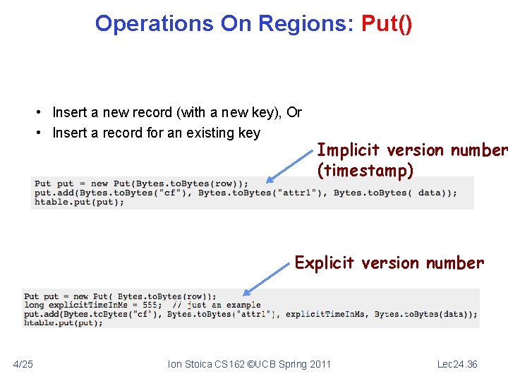 Operations On Regions: Put() • Insert a new record (with a new key), Or