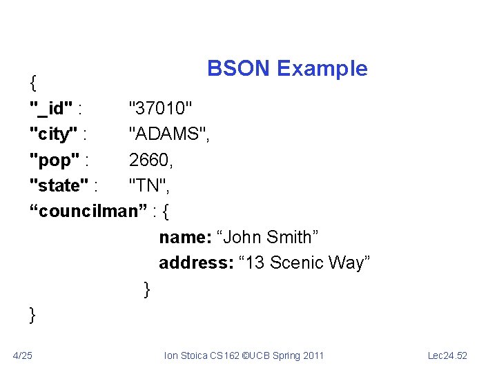 BSON Example { "_id" : "37010" "city" : "ADAMS", "pop" : 2660, "state" :