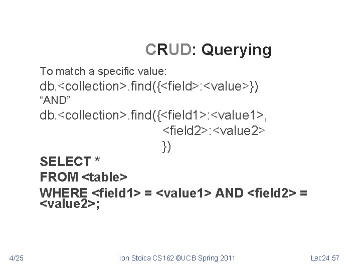 CRUD: Querying To match a specific value: db. <collection>. find({<field>: <value>}) “AND” db. <collection>.