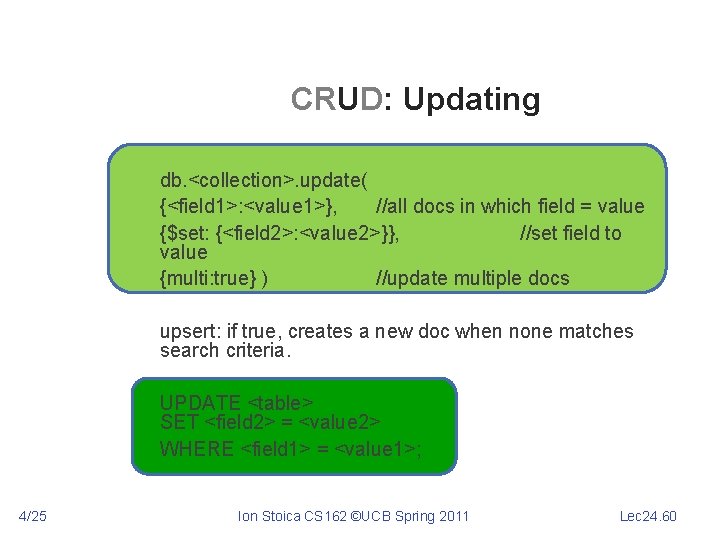 CRUD: Updating db. <collection>. update( {<field 1>: <value 1>}, //all docs in which field
