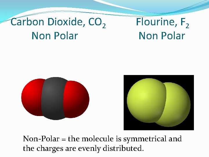 Carbon Dioxide, CO 2 Non Polar Flourine, F 2 Non Polar Non-Polar = the