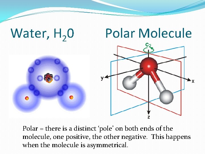 Water, H 20 Polar Molecule Polar = there is a distinct ‘pole’ on both