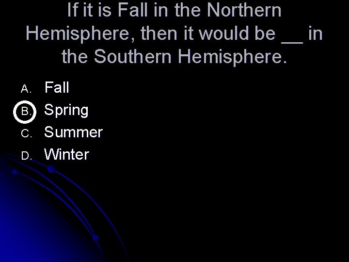 If it is Fall in the Northern Hemisphere, then it would be __ in