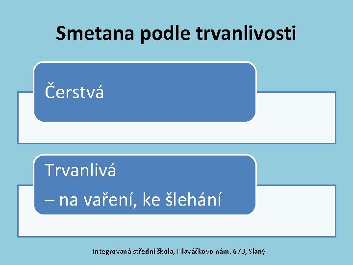 Smetana podle trvanlivosti Čerstvá Trvanlivá – na vaření, ke šlehání Integrovaná střední škola, Hlaváčkovo