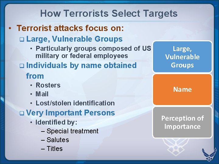 How Terrorists Select Targets • Terrorist attacks focus on: q Large, Vulnerable Groups • How Terrorists Select Targets • Terrorist attacks focus on: q Large, Vulnerable Groups •
