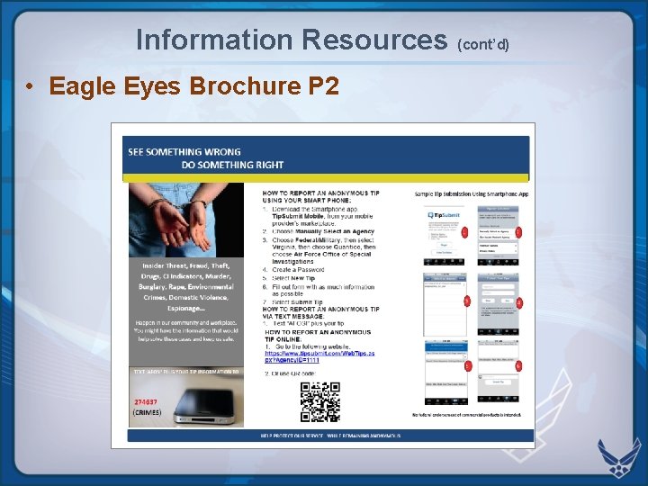 Information Resources (cont’d) • Eagle Eyes Brochure P 2  Information Resources (cont’d) • Eagle Eyes Brochure P 2