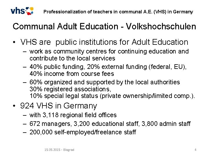 Professionalization of teachers in communal A. E. (VHS) in Germany Communal Adult Education -
