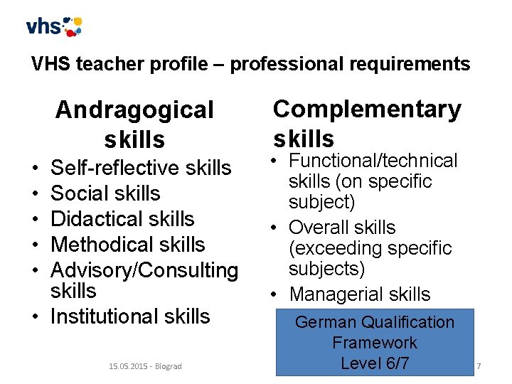 VHS teacher profile – professional requirements Andragogical skills • • • Self-reflective skills Social