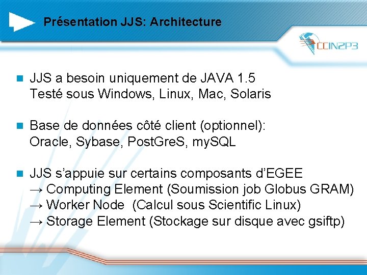 Présentation JJS: Architecture n JJS a besoin uniquement de JAVA 1. 5 Testé sous
