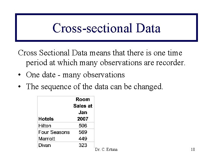 Cross-sectional Data Cross Sectional Data means that there is one time period at which