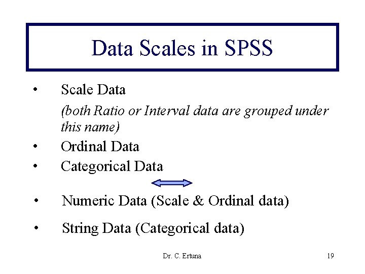 Data Scales in SPSS • Scale Data (both Ratio or Interval data are grouped