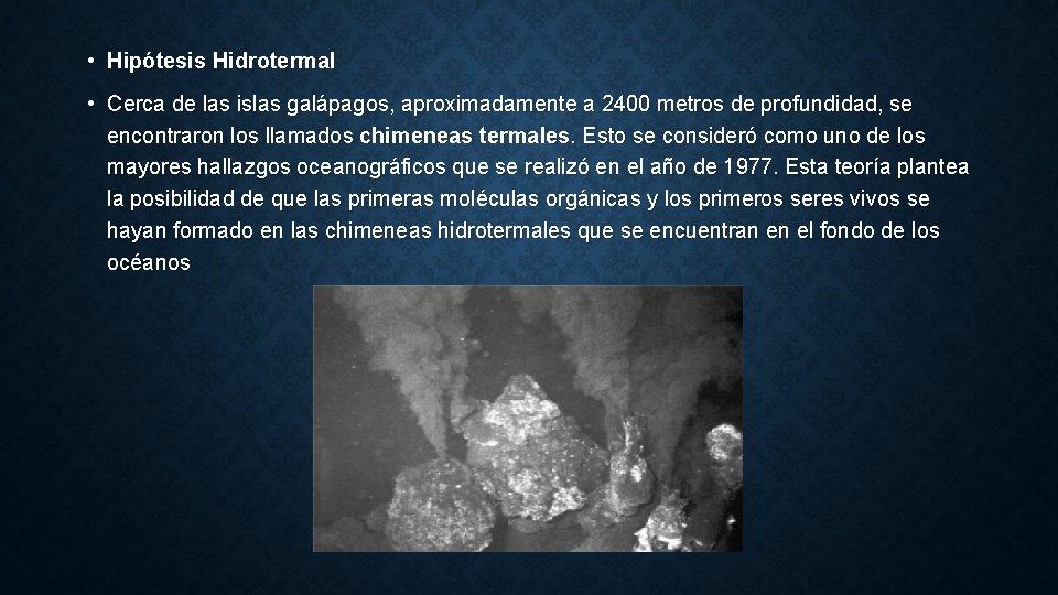  • Hipótesis Hidrotermal • Cerca de las islas galápagos, aproximadamente a 2400 metros