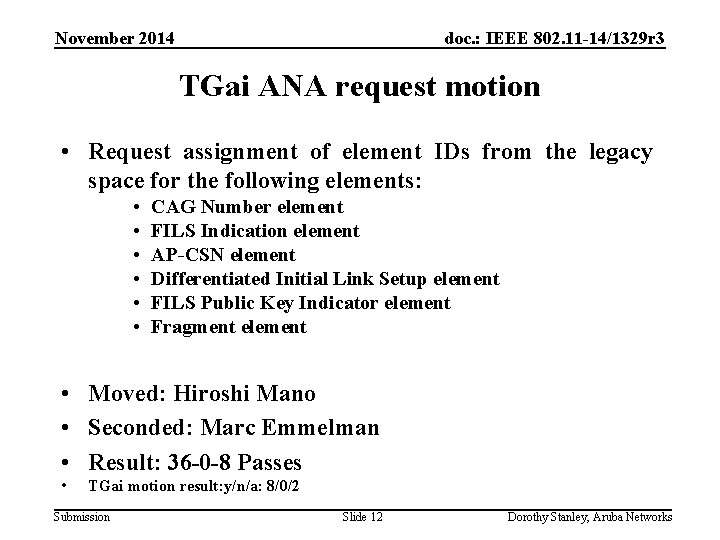 November 2014 doc. : IEEE 802. 11 -14/1329 r 3 TGai ANA request motion