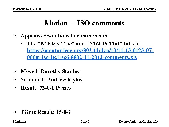 November 2014 doc. : IEEE 802. 11 -14/1329 r 3 Motion – ISO comments