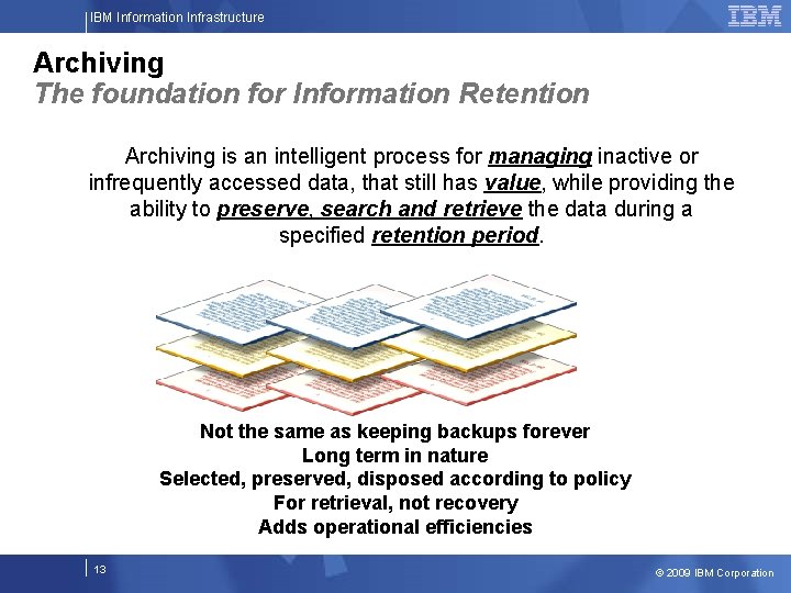 IBM Information Infrastructure Archiving The foundation for Information Retention Archiving is an intelligent process