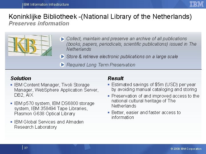 IBM Information Infrastructure Koninklijke Bibliotheek -(National Library of the Netherlands) Preserves information Collect, maintain