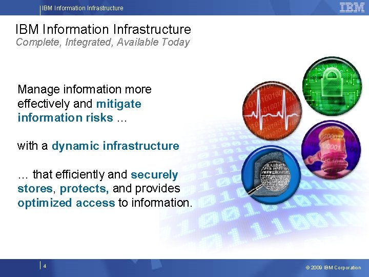 IBM Information Infrastructure Complete, Integrated, Available Today Manage information more effectively and mitigate information