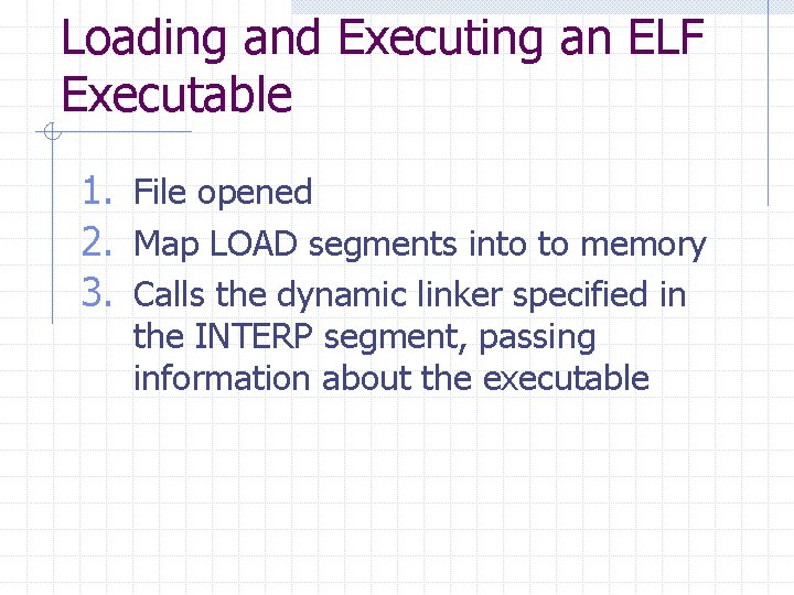 Loading and Executing an ELF Executable 1. File opened 2. Map LOAD segments into