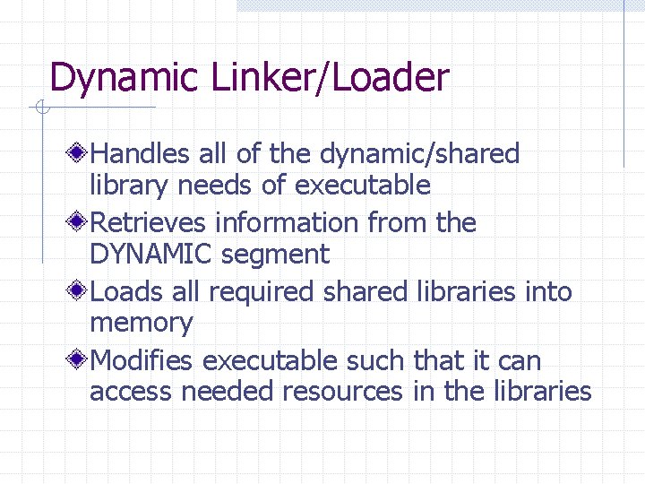 Dynamic Linker/Loader Handles all of the dynamic/shared library needs of executable Retrieves information from