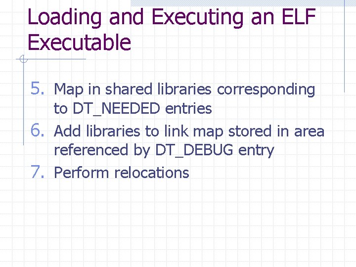 Loading and Executing an ELF Executable 5. Map in shared libraries corresponding to DT_NEEDED
