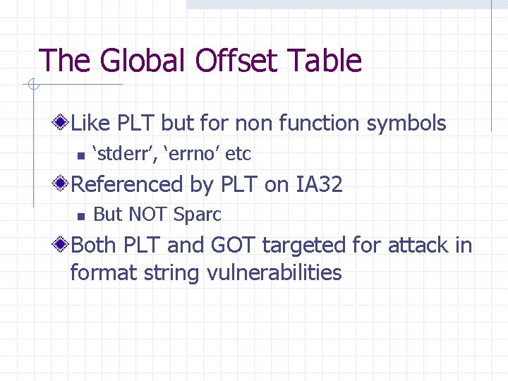 The Global Offset Table Like PLT but for non function symbols n ‘stderr’, ‘errno’