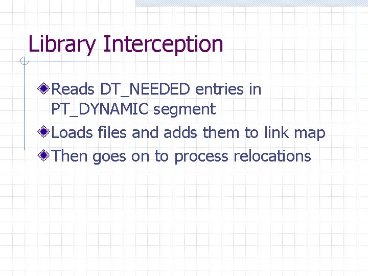 Library Interception Reads DT_NEEDED entries in PT_DYNAMIC segment Loads files and adds them to