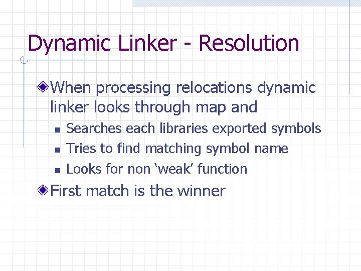 Dynamic Linker - Resolution When processing relocations dynamic linker looks through map and n