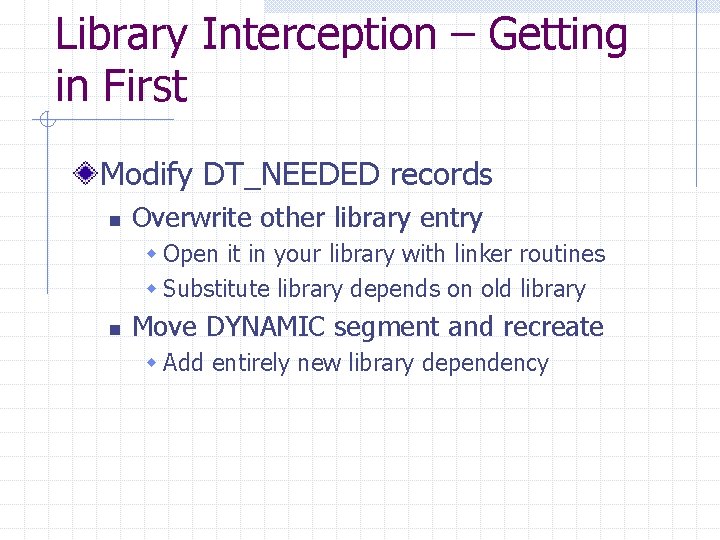 Library Interception – Getting in First Modify DT_NEEDED records n Overwrite other library entry