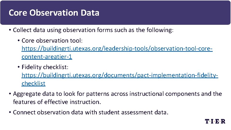 Core Observation Data • Collect data using observation forms such as the following: •